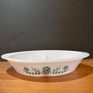 Vintage Glasbake Crazy Daisy Green Divided Casserole Dish Spring Blossom
